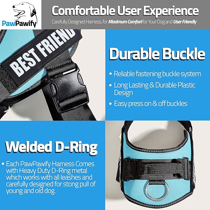 PawPawify Custom No Pull Dog Harness with Name and Phone Number, Heavy Duty Personalized Pet Vest to Prevent Tugging, Pulling, or Choking, Training and Walking (Sky Blue, S (Chest 16-21in))