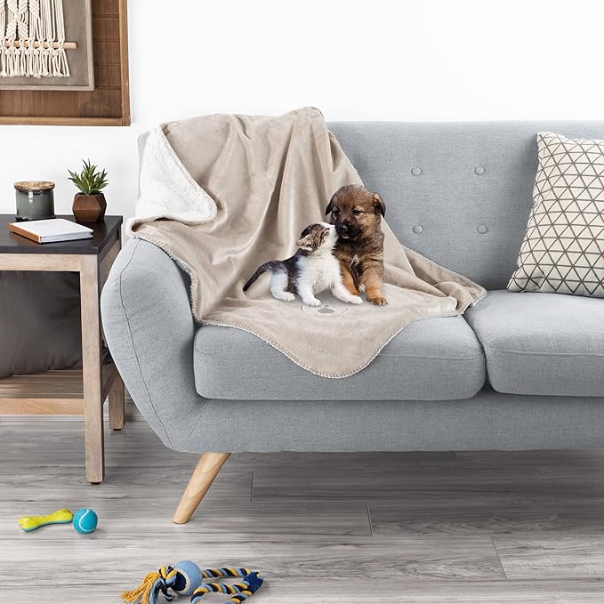PETMAKER Waterproof Pet Blanket - 30x40-Inch Reversible Sherpa Fleece Throw Protects Couches, Cars, and Beds from Spills, Stains, and Fur (Tan)