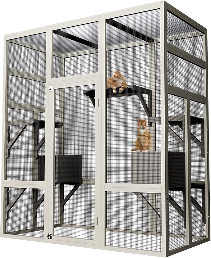 70" Large Outdoor Catio Cat Enclosure, Wood Cat Patio with Waterproof UV-Resistant Roof, Cats Shelter with 5 Platforms and 2 Resting Box, and Secure Rust-Proof Wire for Backyard or Patio