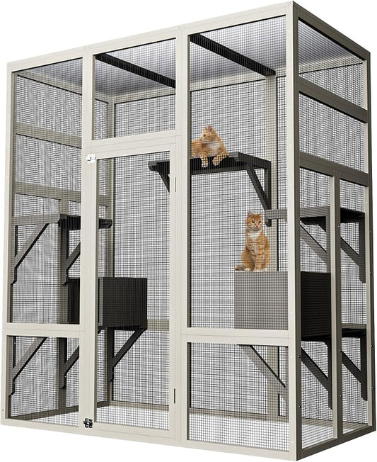 70" Large Outdoor Catio Cat Enclosure, Wood Cat Patio with Waterproof UV-Resistant Roof, Cats Shelter with 5 Platforms and 2 Resting Box, and Secure Rust-Proof Wire for Backyard or Patio