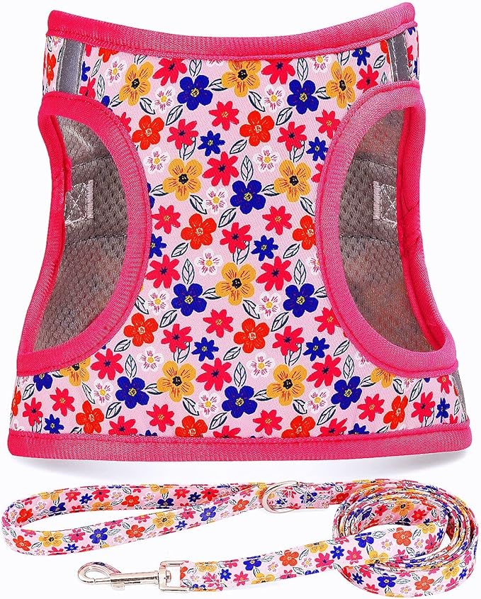 Moonpet Step in Dog Harness Leash Set- All Weather Reflective No-Pull Floral Pattern Padded Mesh Vest Harness for Cats Puppy Extra-Small Small Medium Large Dogs - Romantic Sakura - XL