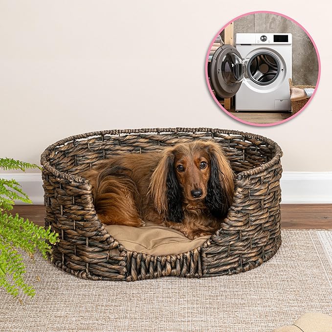 DBD4001B Perri 24" x 18" Classic Farmhouse Handwoven Hyacinth Oval Pet Bed with Machine-Washable Cushion, Brown