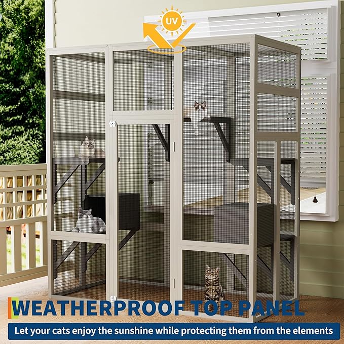 70-Inch Large Catio Enclosure, UV-Protected, Wooden Frame and Rust-Resistant Steel Mesh, Cat House with 2 Lounging Boxes and Platforms, for Patio or Backyard