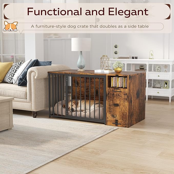 Dog Crate Furniture with Storage Cabinet, 36 Inch Wooden & Steel Decorative Indoor Kennel, Pet Cage End Table for Large and Medium Dogs, Escape-Proof & Chew-Proof, Rustic Brown