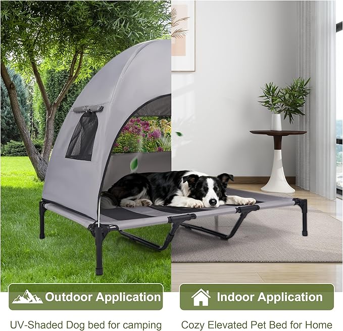 Large Raised Dog Bed with Removable Shade Canopy, Breathable & Waterproof Outdoor Pet Cot for Dogs up to 110 Lbs, Durable Steel Frame Dog Camping Bed for Lawn, Porch, Beach or Indoor Resting