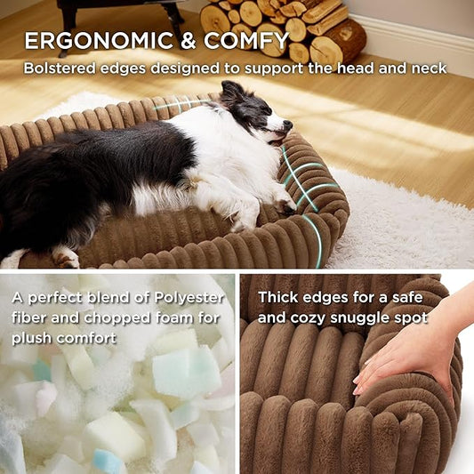 Bedsure Cute Dog Bed for Large Dogs - Washable Furry Puppy Beds, Rectangle Orthopedic Corduroy Fleece Pet Beds with Removable Zipper Cover, 36x27x8inches, Camel Brown