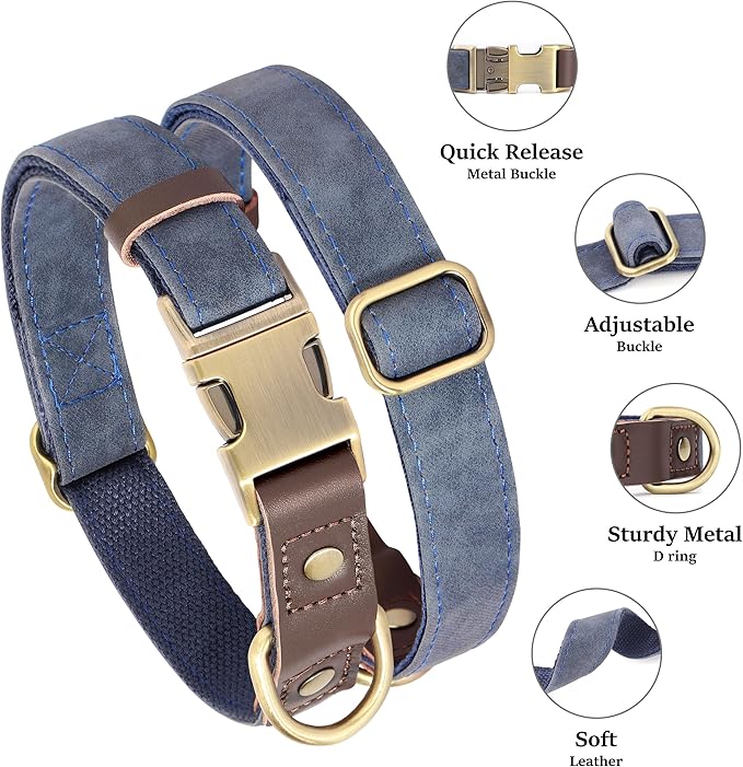 Didog Soft PU Leather Dog Collar for Large Dogs,Classic Adjustable Wide Dog Collars with Quick Release Metal Buckle,Easy Clean and Comfortable with Nylon Lining,Blue,XL Neck 17-26", Width 1¼''