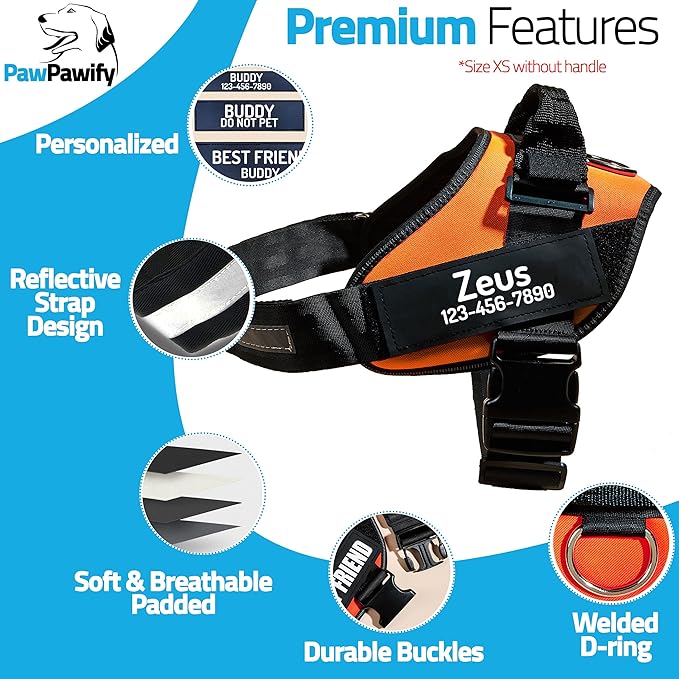 PawPawify Custom No Pull Dog Harness with Name and Phone Number, Heavy Duty Personalized Pet Vest to Prevent Tugging, Pulling, or Choking, Training and Walking (Orange, S (Chest 16-21in))