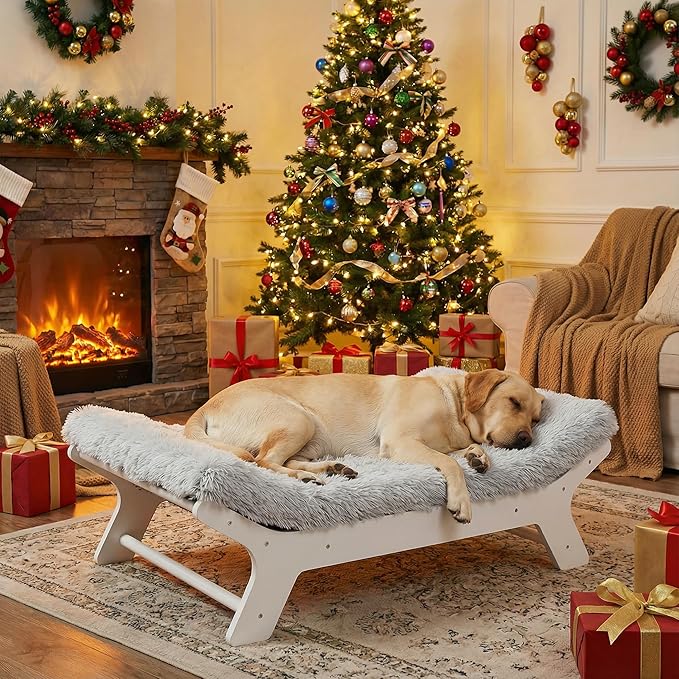 Muihood Elevated Dog Bed Wooden Frame and Mattress with Washable Cover, White XL Puppy Up to 90 lbs