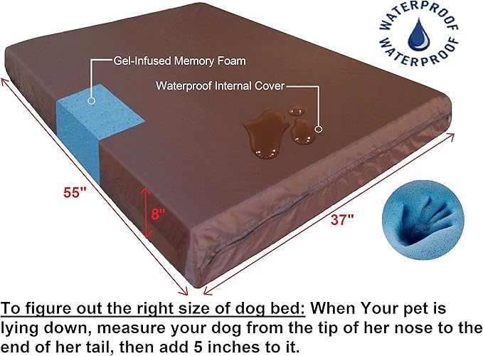 Dogbed4less Jumbo Extra Large Gel Infused Memory Foam Dog Bed with Microsuede Cover and Waterproof Liner, 55X37X8 Inches, Espresso