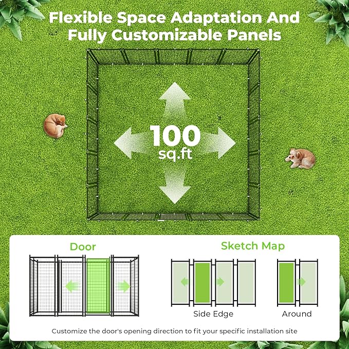 Dog Kennel Outdoor, 10x10 FT Heavy Duty Dog Pens Outside with Waterproof Roof, Metal Dog Run Fence with Galvanized Welded Wire Steel for Puppy Playpen