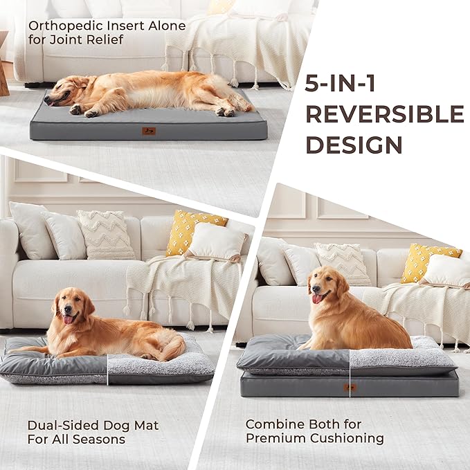 Washable Dog Bed for Medium Large Size Dog, Plush Pillow Pet Bed with Cooling Leather Egg-Crate Foam Base, Waterproof Kennel Bed with Removable Cover, 47" x 39" Comfort Cushion Bed, Dark Grey