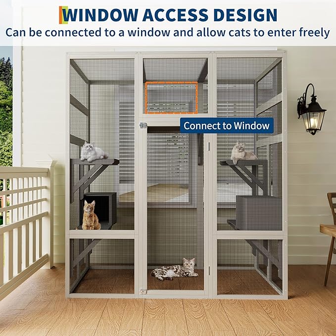 70-Inch Large Catio Enclosure, UV-Protected, Wooden Frame and Rust-Resistant Steel Mesh, Cat House with 2 Lounging Boxes and Platforms, for Patio or Backyard