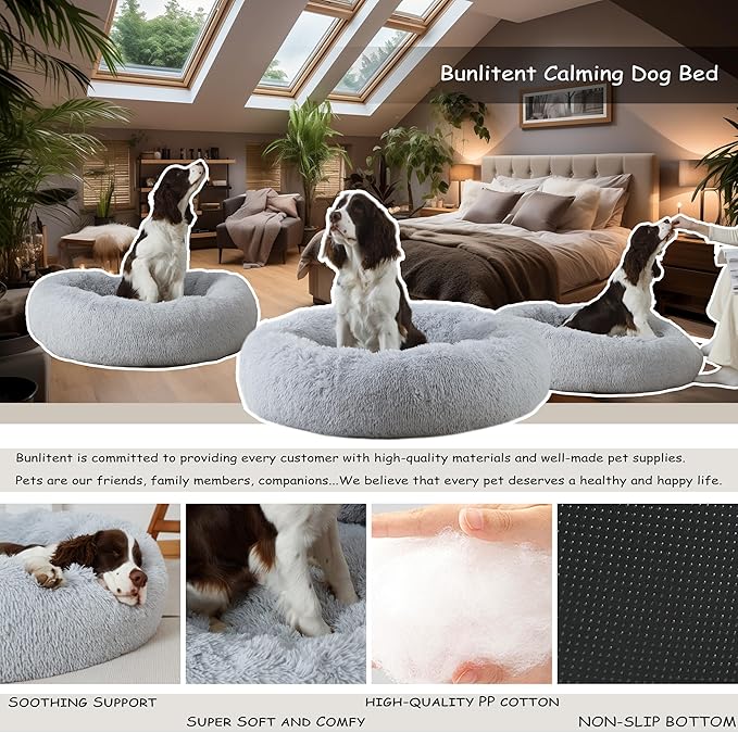 Calming Dog Bed 30'' inch, Plush Anti-Anxiety Donut Dog Bed for Medium Large Dogs, Warming Cozy Round Cuddler Nest Pet Bed, Grey