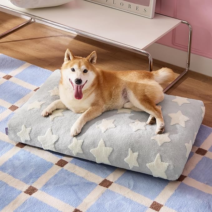 LE SURE Dog Beds Large Sized-Thick Shredded Chopped Foam Pet Bed Indoor with Removable Cover, Cute Modern Fuzzy Plush & Anti Slip Bottom, Grey