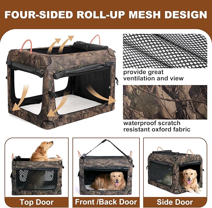 KOOPRO 27.5 Inch Collapsible Dog Crate, Portable Soft-Sided Dog Travel Carrier Camouflage Style Pet Kennel 4-Door with Durable Mesh Windows, Washable Mat, Indoor & Outdoor for Small Medium Large Dogs