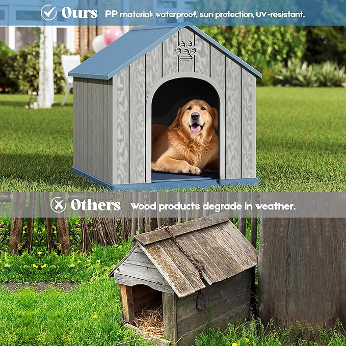 Fancyango Large Dog House Outdoor Indoor for Medium Large Dogs, Sturdy Plastic Waterproof Doghouse with Air Vents and Elevated Floor, Easy Clean and Assemble (Blue, 36.2''L×38''W×38''H)