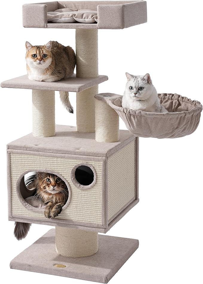 Maine Coon Cat Tree for Indoor Cats Large Adult,Modern Cat Tower for Extra Large Cats 20 lbs+,Heavy Duty Cat Tree with Sisal Scrathing Post,Hammock,Perch,Condo,Bed (Beige)