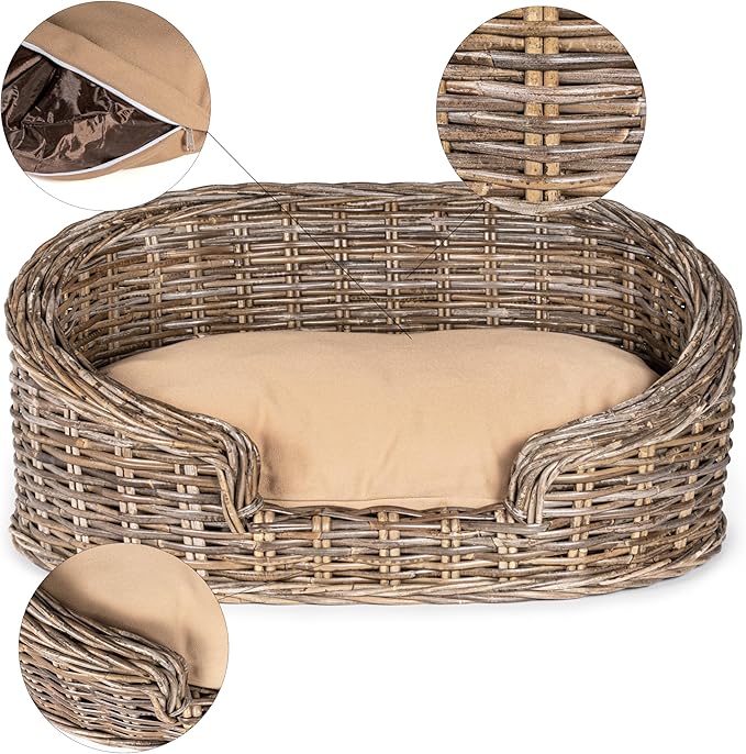 DBD1000A Curvy 28.5" x 17.25" Classic Handwoven Rattan Dog Bed with Machine-Washable Cushion, Kubu Gray
