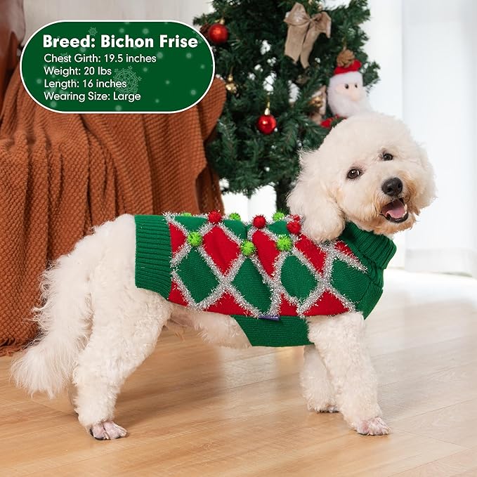 cyeollo Dog Christmas Sweater Turtleneck Dog Sweaters for Small Dogs Girl Xmas Knitted Pullover Puppy Dogs Clothes Soft Holiday Outfit, Green Small