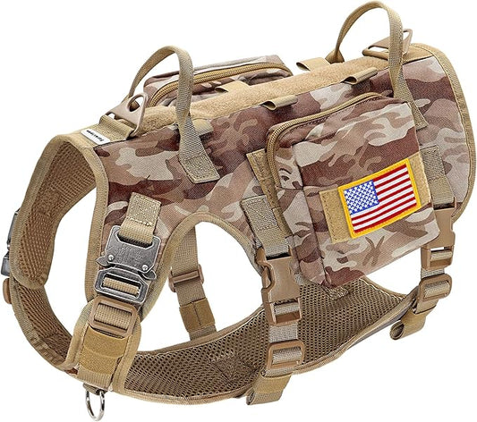 Forestpaw Tactical Dog Harness Tactical Dog Collar with Bungee Leash Set,No Pull Military Dog Harness for Walking Training,Adjustable for Medium Large Dogs,Camouflage Brown,Chest 21.5-45"