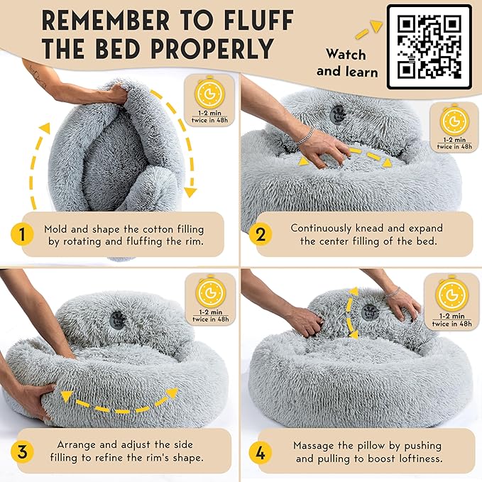 PetJett Calming Dog Beds Large Sized Dog - 36'' Round Bed, Anti-Slip & Washable Super Soft Donut Bed, Fluffy Faux Fur Anti-Anxiety Premium Comfort Pet Bed, Fits Dogs up to 100 lbs - Bright Grey