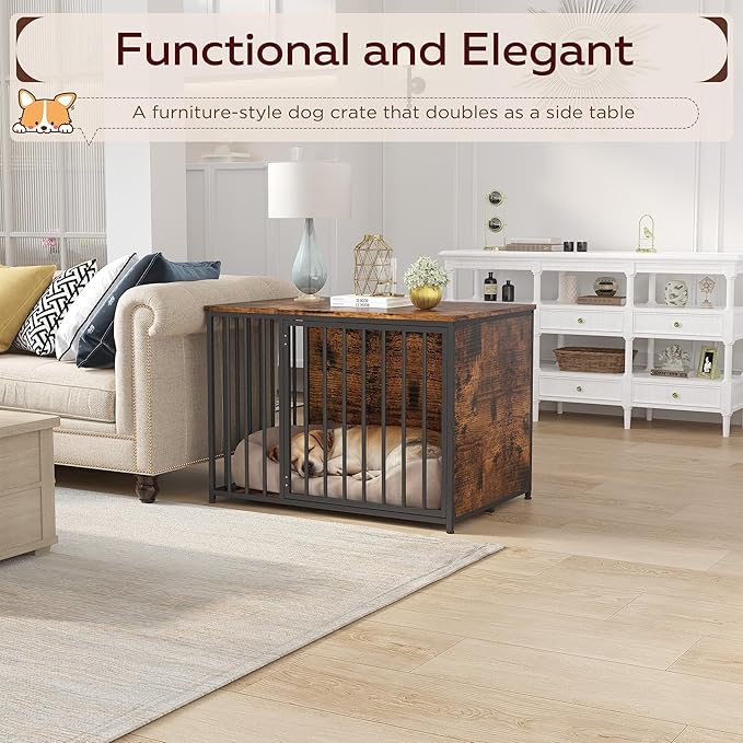 Dog Crate Furniture for Large and Medium Dogs, 36 Inch Wooden & Steel Decorative Indoor Kennel, Pet Cage End Table for Home, Escape-Proof & Chew-Proof, Rustic Brown