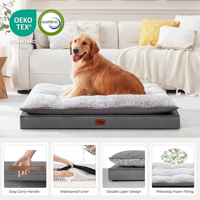 Washable Dog Bed for Medium Large Size Dog, Plush Pillow Pet Bed with Cooling Leather Egg-Crate Foam Base, Waterproof Kennel Bed with Removable Cover, 47" x 39" Comfort Cushion Bed, Dark Grey