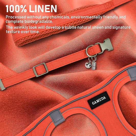 GAMUDA Small Pet Harness Collar and Leash Set, Step in No Chock No Pull Linen Fabric Soft Mesh Dog Vest Harnesses Reflective for Dogs Puppy Cats Kitten Rabbit (Orange, L)