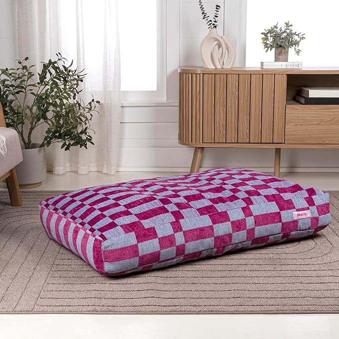 DBD3001C-XL Mabel 49.5" x 31.5" Designer Modern Ultra Soft Reversible Plush Rectangular Pet Bed with Washable Cover, Blueberry Check