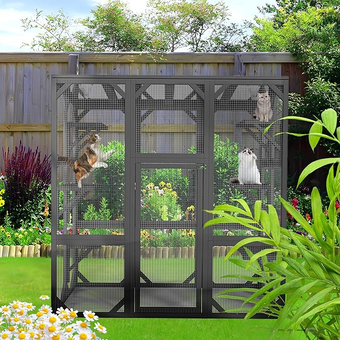 Ball & Cast 59" Wooden Catio Enclosure Outdoor Cat House with Anti-UV& Waterproof, Platforms and Resting Boxes Walk-in Cat Kennel Shelter for Indoor,Dark Grey
