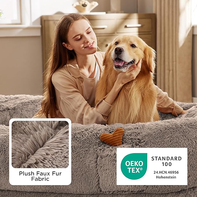 Bedsure Human Dog Bed, 71.0" x 44.0" x 12.0" Calming Giant Human Dog Bed for Adults People Fits Pet Families with Storage Pocket, Fluffy Faux Fur Orthopedic Pet Bean Bed, Camel