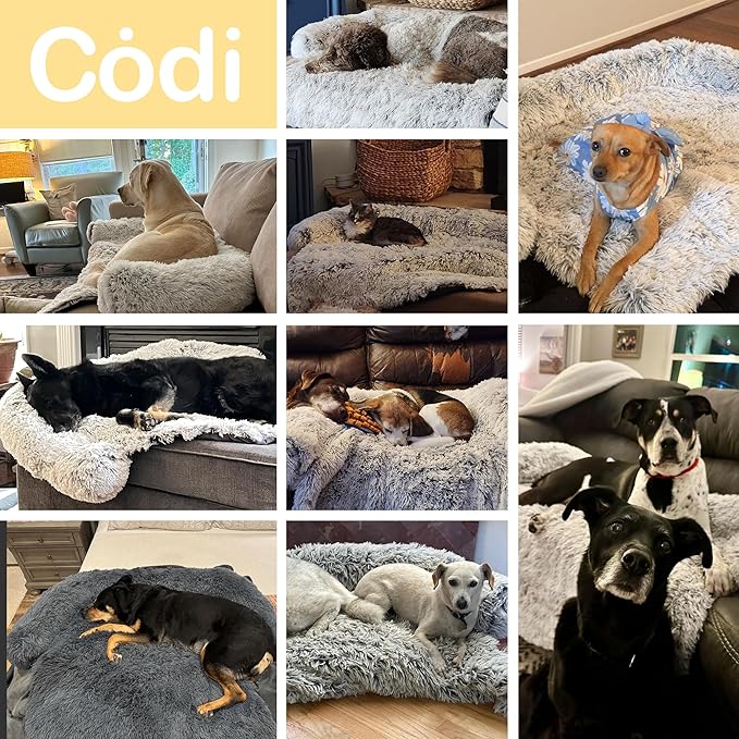 Codi Calming Dog Bed for Couch – Anti-Anxiety Sofa Protector Mat for Medium Dogs, 35''x31''x5'', Machine Washable, Fluffy & Cozy with Non-Slip Bottom, Ash Brown