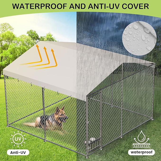 Outdoor Dog Kennel, 10x10 Ft Large Heavy Duty Dog Enclosure with Waterproof Cover Roof, Chain Link Dog Runs Dog House with Secure Lockable Door for Outside Backyard