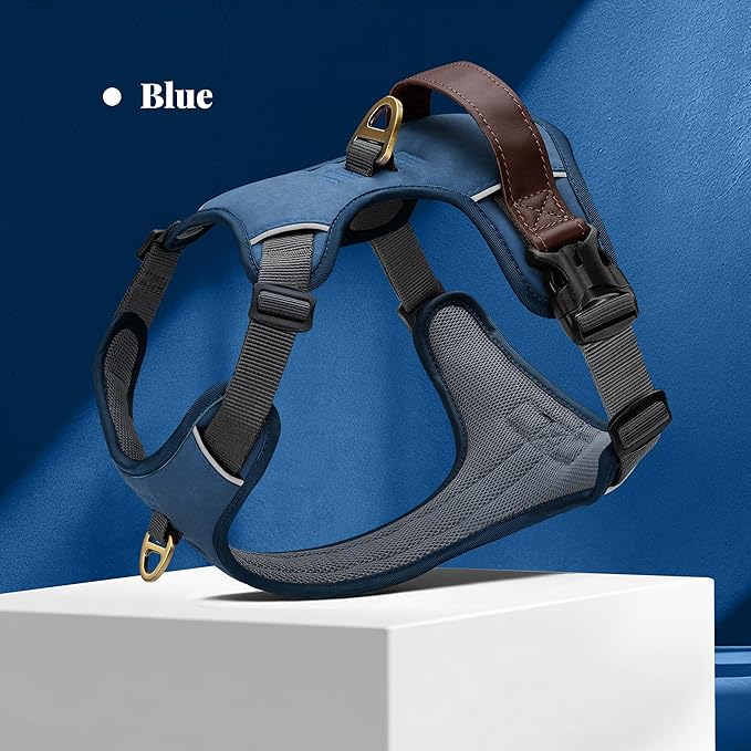 No Pull Dog Harness Small Sized Dog,Stylish PU Leather Vest with Easy Control Handle,No Choke Front Clip with 2 Metal Leash Clips,Reflective & Adjustable for Walking,Blue,Chest 19-24"