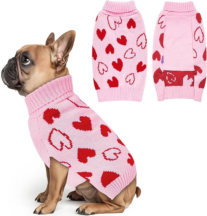 cyeollo Dog Sweater Valentines Day Knitted Pullover Turtleneck Heart Pattern Holiday Theme Pet Apparel with Leash Hole for Small Dogs Pink