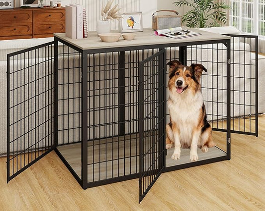 48" Dog Crate Furniture for Medium Large Dogs, Indestructible Large Dog Kennel Indoor with 3 Doors, Wooden Dog Cage Side End Table, Heavy Duty XL Dog Crate, Gray