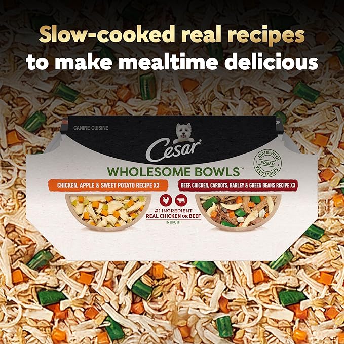 Cesar Wholesome Bowls Adult Wet Dog Food, Beef, Chicken, Carrots, Barley & Green Beans Recipe and Chicken, Apple & Sweet Potato Recipe Variety Pack, 3 oz., 6 Count