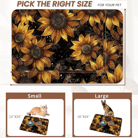Sunflower Vintage Pet Feeding Mat,Absorbent Quick-Dry Cat Dog Food and Water Bowl Mats, Non-Slip Rubber Backing Mat,Cat Dog Accessories Supplies 16"x24"