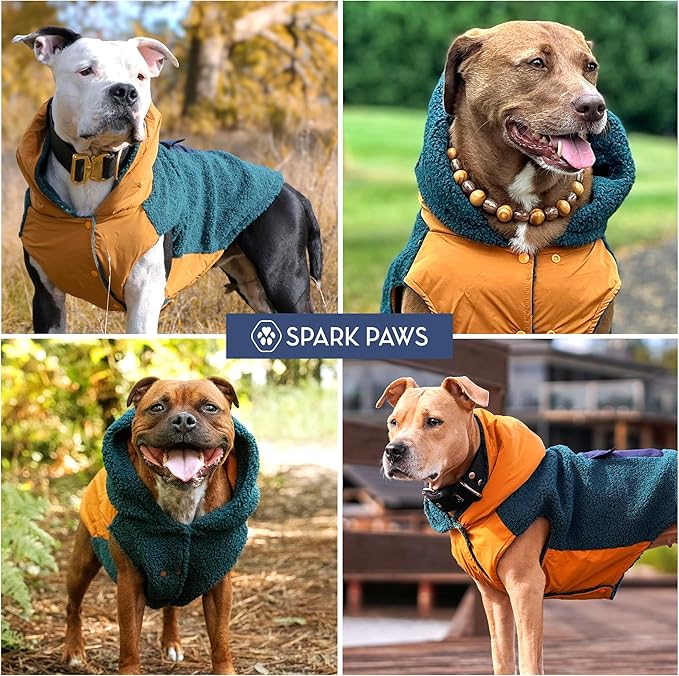 Spark Paws Reversible Fleece Dog Jacket, Hooded Sweater Vest, Warm Coat for Winter - Suitable for Small Medium Large XL XXL Dogs - Orange and Green - 3XL