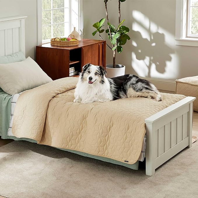 Bedsure 100% Waterproof Bed Cover for Dogs Washable - Non Slip Waterproof Dog Blanket for Bed, Lightweight Furniture Protector Durable for Pet Cat Puppy with Non-Slip Bottom, Beige, 68x82IN