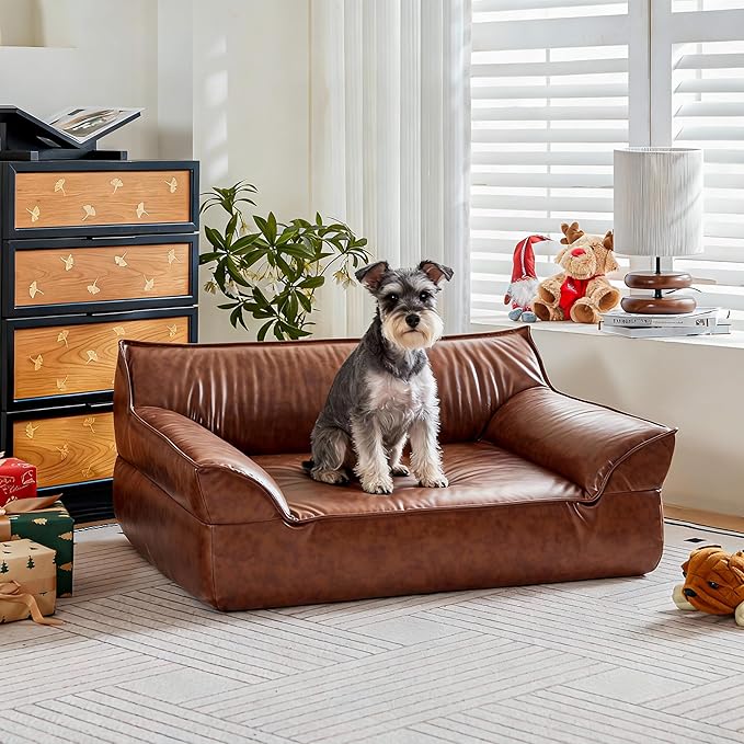 Brown Leather Dog Couch Bed for Small Dogs Under 50 lbs, 31.5 Inch Mid-Century Modern Elevated Dog Sofa Indoor Furniture Style Pet Sofa Bed (Large)
