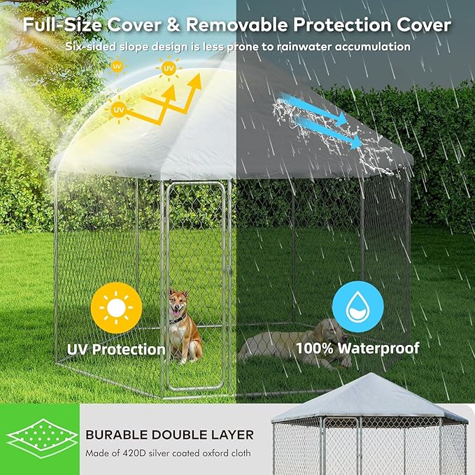 6.8x6.8 ft Large Outdoor Dog Kennel, Heavy-Duty Galvanized Wire Mesh Dog Enclosure with Waterproof Cover & Secure Lock,Hexagonal Cage for Large Dogs