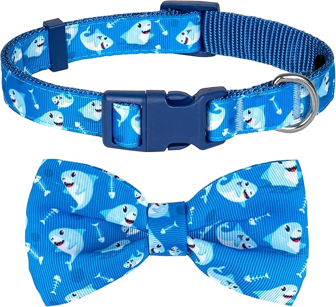 azuza Dog Collar with Bow Tie, Soft and Comfortable Adjustable Bowtie Dog Collar for Large Dogs (L, Shark)