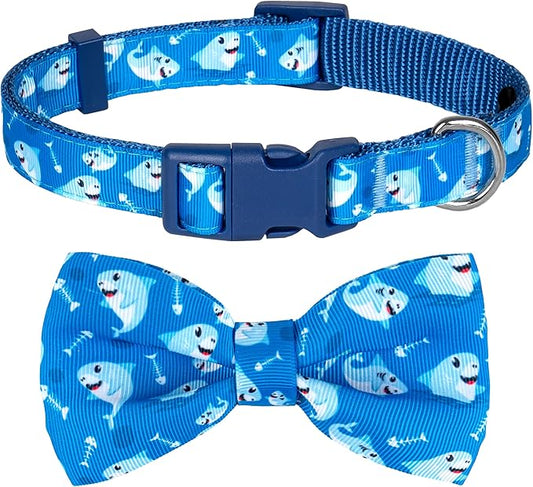 azuza Dog Collar with Bow Tie, Soft and Comfortable Adjustable Bowtie Dog Collar for Small Dogs (S, Shark)