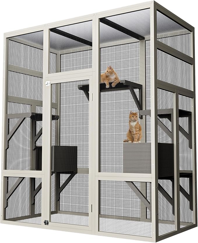 70-Inch Large Catio Enclosure, UV-Protected, Wooden Frame and Rust-Resistant Steel Mesh, Cat House with 2 Lounging Boxes and Platforms, for Patio or Backyard