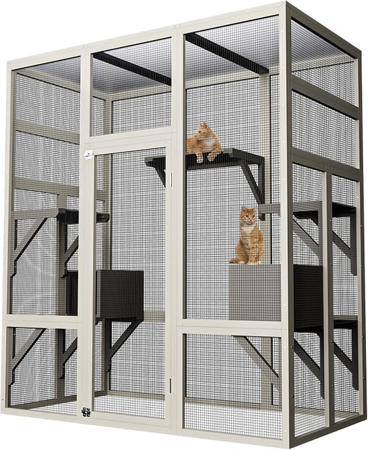70-Inch Large Catio Enclosure, UV-Protected, Wooden Frame and Rust-Resistant Steel Mesh, Cat House with 2 Lounging Boxes and Platforms, for Patio or Backyard