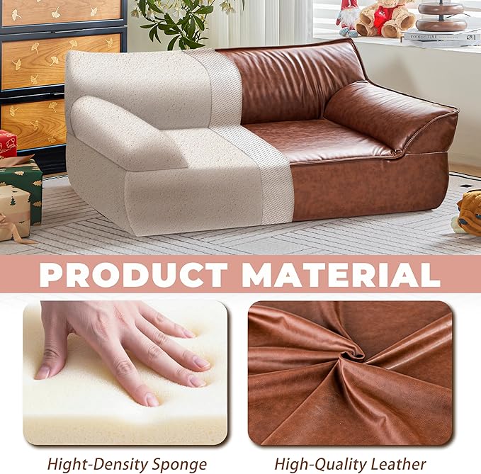 Brown Leather Dog Couch Bed for Small Dogs Under 50 lbs, 31.5 Inch Mid-Century Modern Elevated Dog Sofa Indoor Furniture Style Pet Sofa Bed (Large)