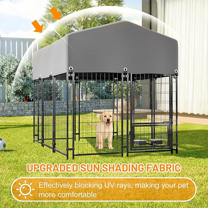 Dog Crate Dog Kennel Outdoor W/Roof,Dog Cage W/ 360°Rotating Feeder & Secure Lock,Weatherproof Dog Pens Outside W/Flexible Clamps,for Garden Yard,Grey(4.23x5.82x4.83 FT)