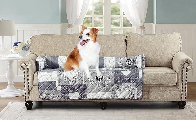 Brilliant Sunshine Quilted Calming Dog Bed Mat, Removable Washable Cover, Cushion Protector and Couch Covers for Dogs, Pets, Cats, Extra Large, Grey Heart Love Patchwork
